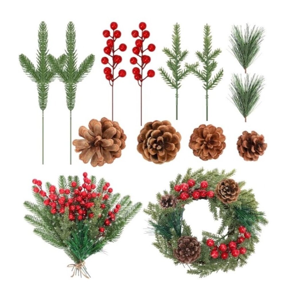 80 PCS Christmas Artificial Pine Needles Branches and Red Berry Stems with Pine